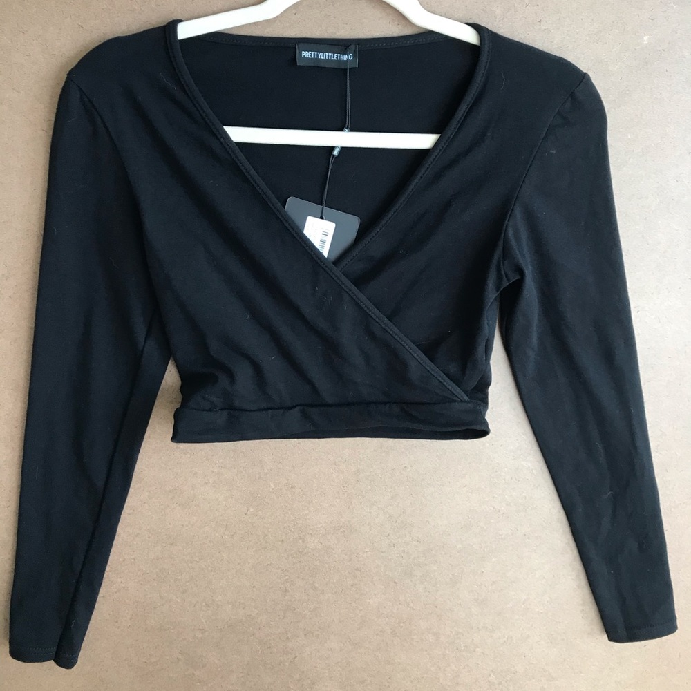 Pretty Little Thing black wrap long sleeve crop